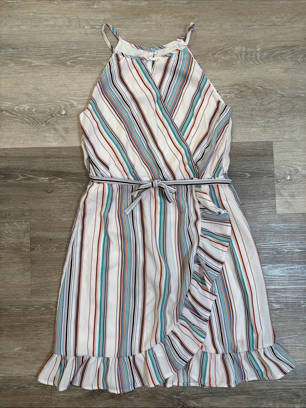 Harper Heritage Multicolor Stripe Spaghetti Strap Faux Wrap w/Ruffle Hem